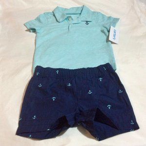 Carters 6 months Boy Shirt Short Outfit Blue Green Anchor New with Tags